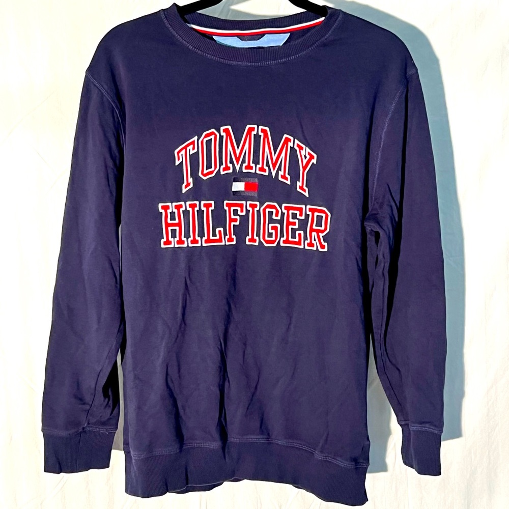 Tommy Hilfiger navy youth XL sweatshirt with embroidered branding on front